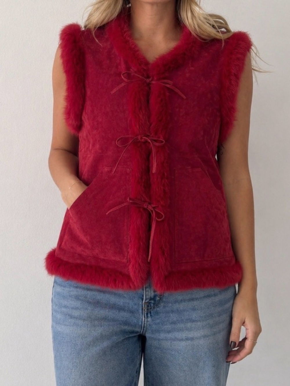 Yvonne - Marie WomensVintage Suede Leather Fur Trim Vest Boho Festival Size 14